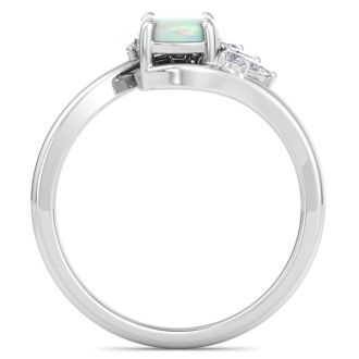 1-1/4 Carat Opal Ring with Marquise Diamond Crown Halo In 14K White Gold