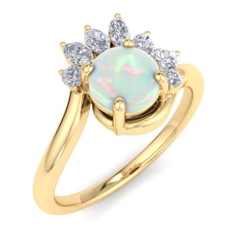 1-1/4 Carat Opal Ring with Marquise Diamond Crown Halo In 14K Yellow Gold