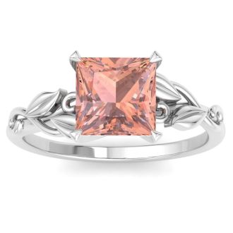 1-1/2 Carat Princess Shape Morganite Ornate Ring In 14K White Gold
