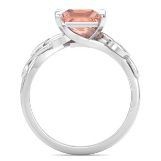 1-1/2 Carat Princess Shape Morganite Ornate Ring In 14K White Gold