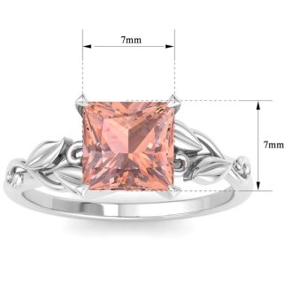 1-1/2 Carat Princess Shape Morganite Ornate Ring In 14K White Gold