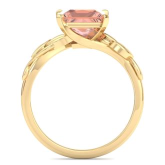 1-1/2 Carat Princess Shape Morganite Ornate Ring In 14K Yellow Gold