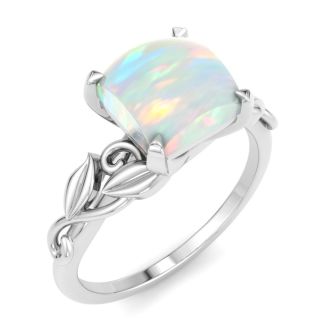 1-1/2 Carat Princess Shape Opal Ring with Floral Design In 14K White Gold