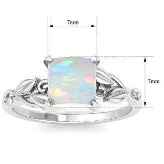1-1/2 Carat Princess Shape Opal Ring with Floral Design In 14K White Gold
