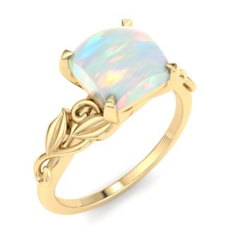 1-1/2 Carat Princess Shape Opal Ring with Floral Design In 14K Yellow Gold