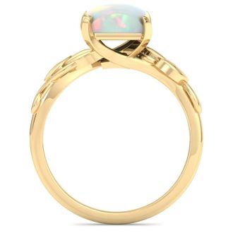 1-1/2 Carat Princess Shape Opal Ring with Floral Design In 14K Yellow Gold