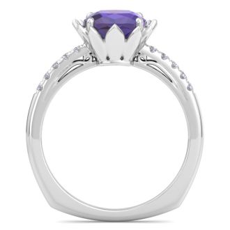Amethyst Ring: 1 1/2 Carat Cushion Cut Amethyst and Diamond Ring