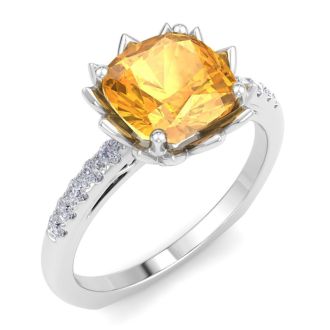 Citrine Ring: 1 1/2 Carat Cushion Cut Citrine and Diamond Ring