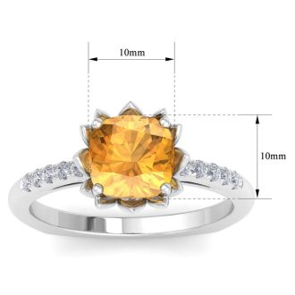 Citrine Ring: 1 1/2 Carat Cushion Cut Citrine and Diamond Ring