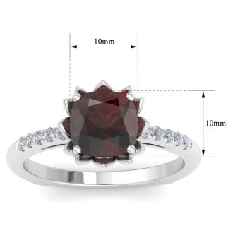 Garnet Ring: 1 1/2 Carat Cushion Cut Garnet and Diamond Ring