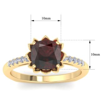 Garnet Ring: 1 1/2 Carat Cushion Cut Garnet and Diamond Ring