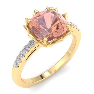 1-1/2 Carat Cushion Cut Morganite and Diamond Ring In 14K Yellow Gold