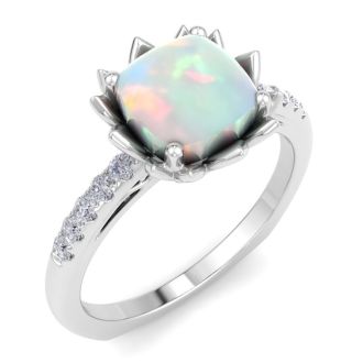 1-1/2 Carat Cushion Cut Opal and Diamond Ring In 14K White Gold