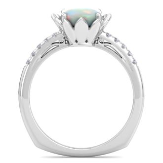 1-1/2 Carat Cushion Cut Opal and Diamond Ring In 14K White Gold