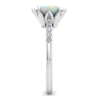 1-1/2 Carat Cushion Cut Opal and Diamond Ring In 14K White Gold