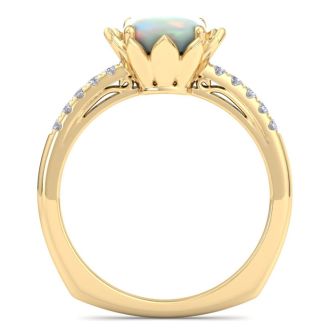 1-1/2 Carat Cushion Cut Opal and Diamond Ring In 14K Yellow Gold