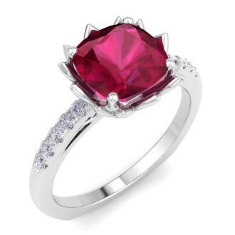 Ruby Ring: 1 1/2 Carat Cushion Cut Ruby and Diamond Ring