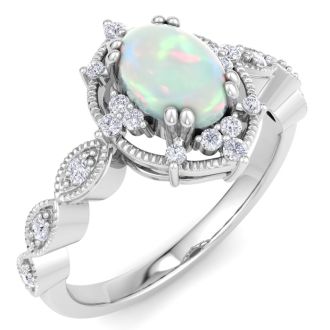 1 Carat Opal Ring with Fancy Halo Diamonds In 14K White Gold