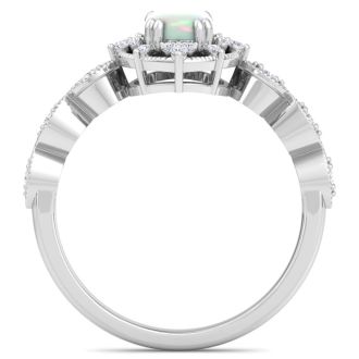 1 Carat Opal Ring with Fancy Halo Diamonds In 14K White Gold