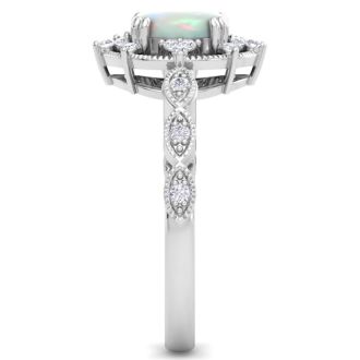 1 Carat Opal Ring with Fancy Halo Diamonds In 14K White Gold