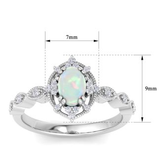 1 Carat Opal Ring with Fancy Halo Diamonds In 14K White Gold