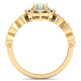 1 Carat Opal Ring with Fancy Halo Diamonds In 14K Yellow Gold