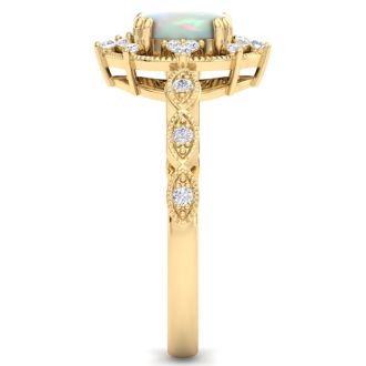 1 Carat Opal Ring with Fancy Halo Diamonds In 14K Yellow Gold