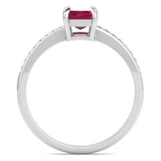Ruby Ring: 1 1/4 Carat Emerald Shape Ruby and Diamond Ring