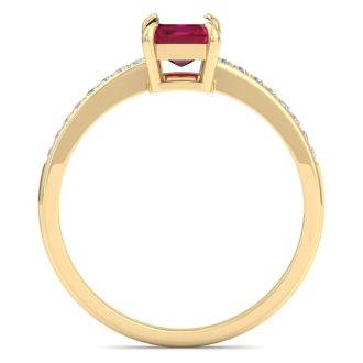 Ruby Ring: 1 1/4 Carat Emerald Shape Ruby and Diamond Ring