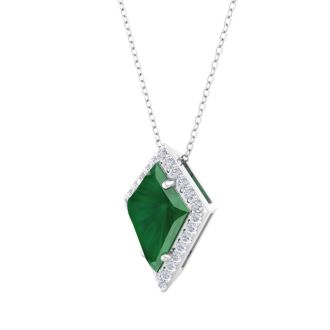 1-3/4 Carat Kite Shape Emerald Necklaces With Diamonds In 14K White Gold, 18 Inch Chain