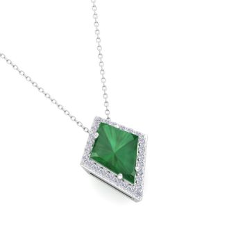 1-3/4 Carat Kite Shape Emerald Necklaces With Diamonds In 14K White Gold, 18 Inch Chain