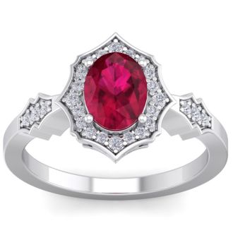 Ruby Ring: 1 1/2 Carat Oval Shape Created Ruby and Halo Diamond Ring In Sterling Silver