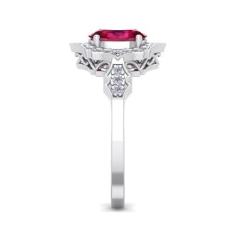 Ruby Ring: 1 1/2 Carat Oval Shape Created Ruby and Halo Diamond Ring In Sterling Silver