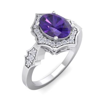Amethyst Ring: 1 1/2 Carat Oval Shape Amethyst and Halo Diamond Ring In Sterling Silver