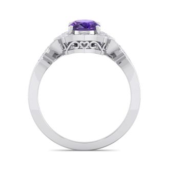 Amethyst Ring: 1 1/2 Carat Oval Shape Amethyst and Halo Diamond Ring In Sterling Silver