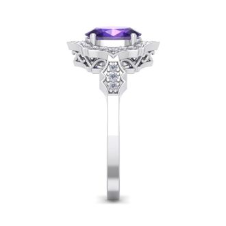 Amethyst Ring: 1 1/2 Carat Oval Shape Amethyst and Halo Diamond Ring In Sterling Silver