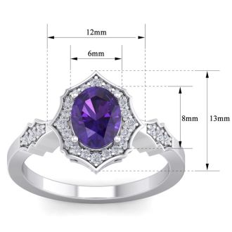 Amethyst Ring: 1 1/2 Carat Oval Shape Amethyst and Halo Diamond Ring In Sterling Silver