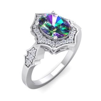 Mystic Topaz Ring: 1 1/2 Carat Oval Shape Mystic Topaz and Halo Diamond Ring In Sterling Silver