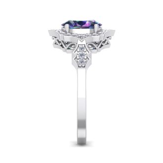 Mystic Topaz Ring: 1 1/2 Carat Oval Shape Mystic Topaz and Halo Diamond Ring In Sterling Silver