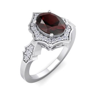 Garnet Ring: 1 1/2 Carat Oval Shape Garnet and Halo Diamond Ring In Sterling Silver