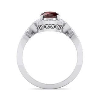 Garnet Ring: 1 1/2 Carat Oval Shape Garnet and Halo Diamond Ring In Sterling Silver