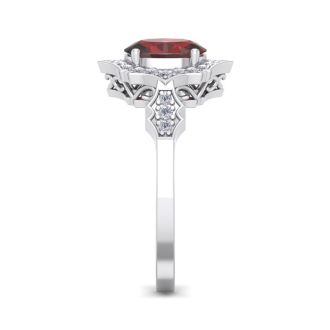 Garnet Ring: 1 1/2 Carat Oval Shape Garnet and Halo Diamond Ring In Sterling Silver