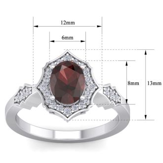 Garnet Ring: 1 1/2 Carat Oval Shape Garnet and Halo Diamond Ring In Sterling Silver