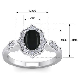 Black Onyx Ring: 1 1/2 Carat Oval Shape Black Onyx and Halo Diamond Ring In Sterling Silver