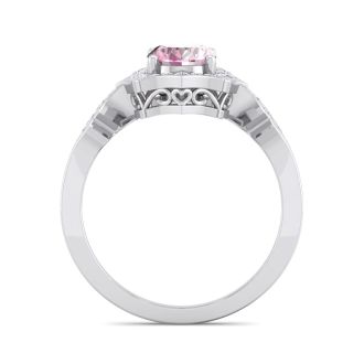 Pink Sapphire Ring: 1 1/2 Carat Oval Shape Created Pink Sapphire and Halo Diamond Ring In Sterling Silver