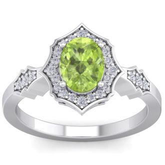 Peridot Ring: 1 1/2 Carat Oval Shape Peridot and Halo Diamond Ring In Sterling Silver