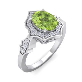 Peridot Ring: 1 1/2 Carat Oval Shape Peridot and Halo Diamond Ring In Sterling Silver
