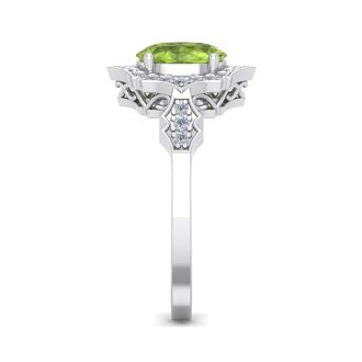 Peridot Ring: 1 1/2 Carat Oval Shape Peridot and Halo Diamond Ring In Sterling Silver