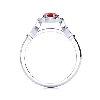 Ruby Ring: 1 Carat Oval Shape Created Ruby and Halo Diamond Ring In Sterling Silver