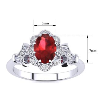 Ruby Ring: 1 Carat Oval Shape Created Ruby and Halo Diamond Ring In Sterling Silver